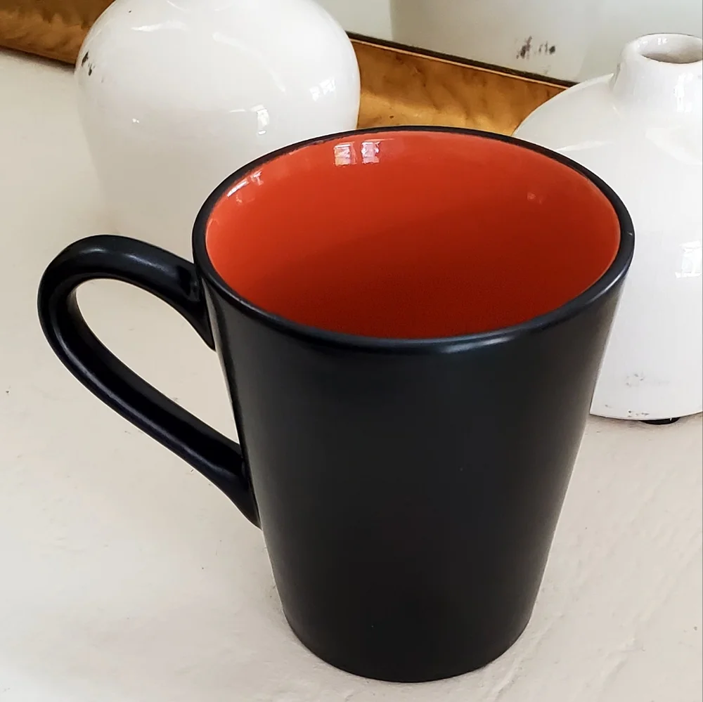 Pier 1, Set of 5, Ebony Rim Coral Colorblock Stoneware Coffee Cups, 14oz, EUC